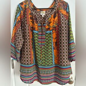 Anthropologie Fig & Flower Multicolor Boho Tunic Blouse, 3/4 Sleeve